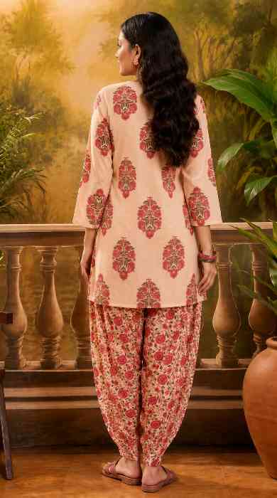 Women's Linen Floral Print Summer Wear Straight Short Kurti With farshi Salwar Set  Back